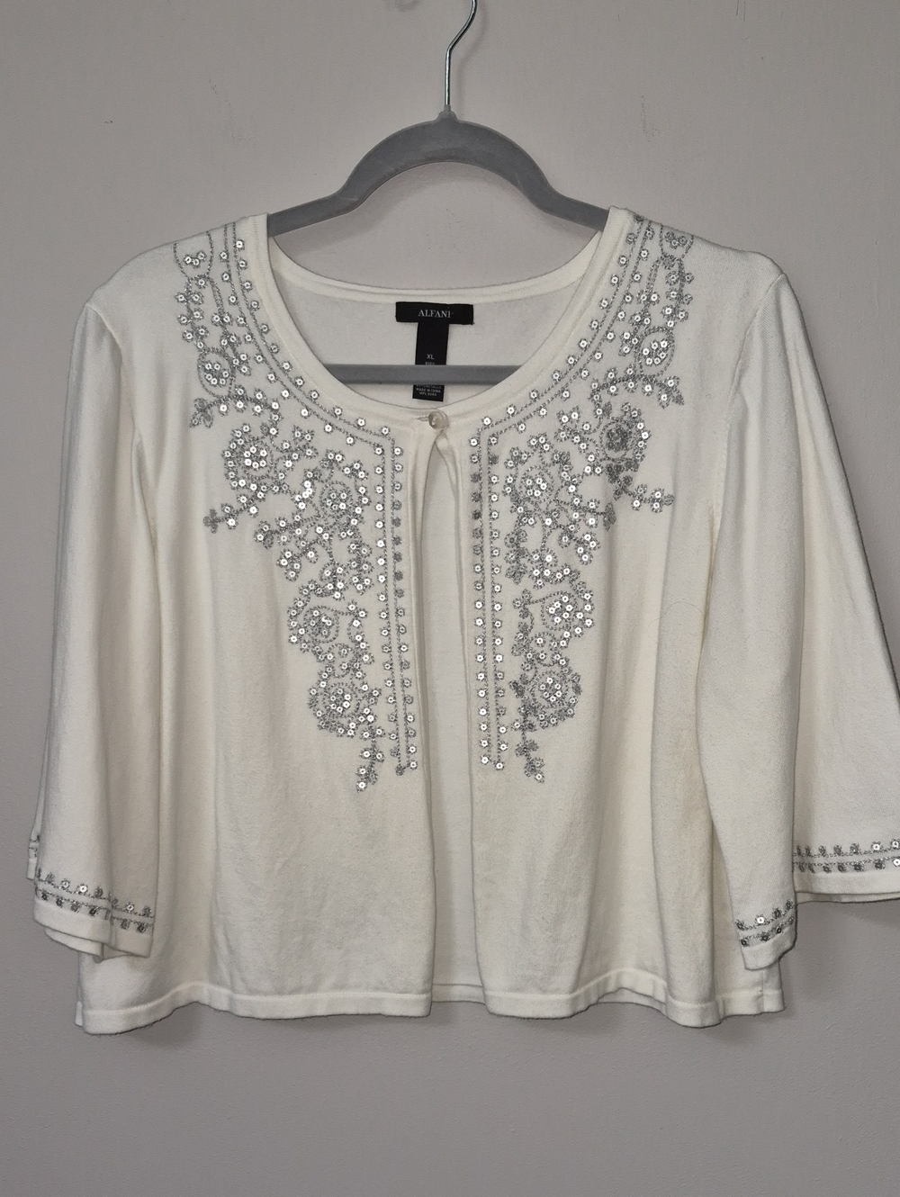 Alfani Sweater Ivory Sequin Embroidered One Button Cardigan Shrug Bolero Coastal